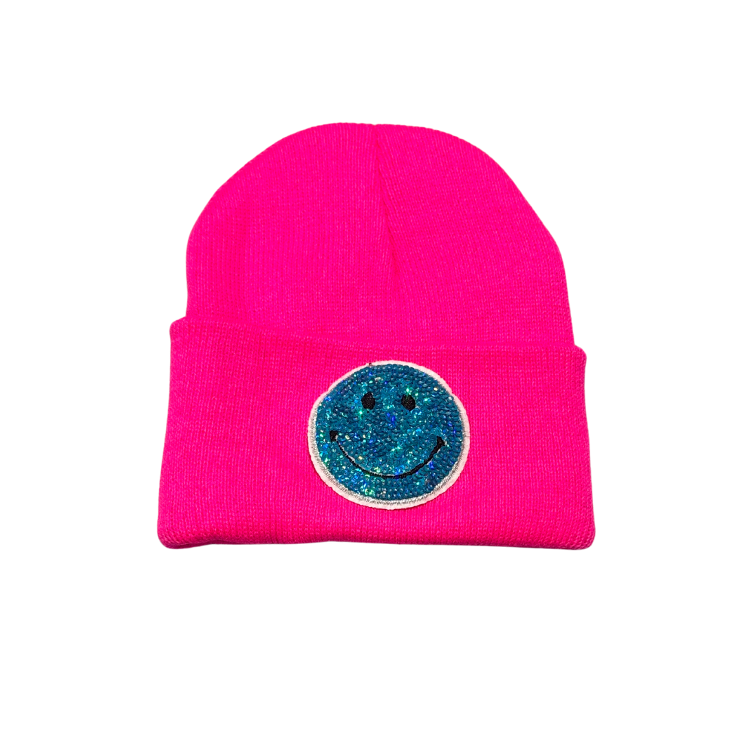 Beanie with Sequin Smiley Face Patch