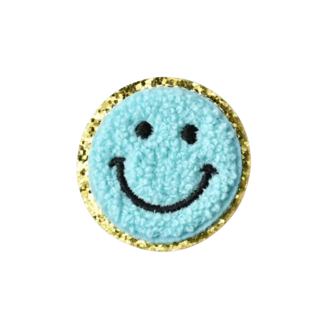 Chenille Aqua Smiley Face Patch