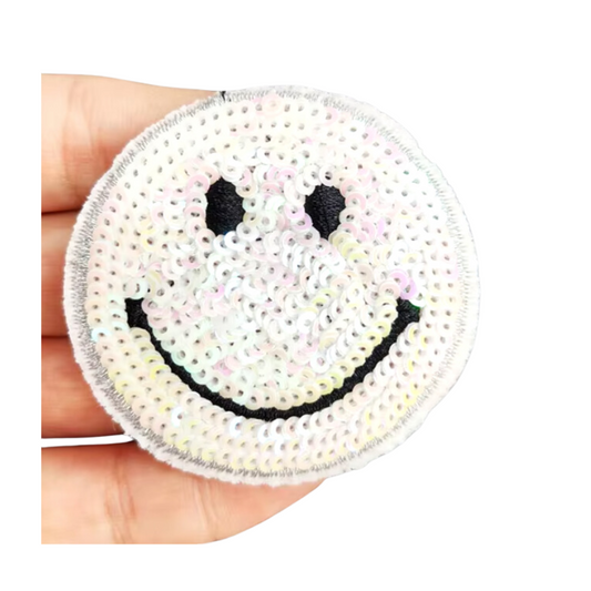 Sequin White Smiley Patch